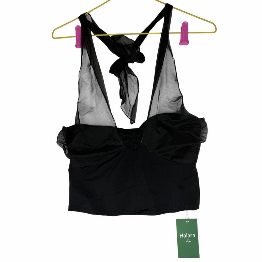 NEW Halara Black Sheer Mesh Halter Tie Back Ruched Crop Top Size Small